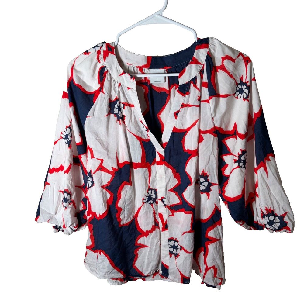 Sonoma Blouse Women's Large V-Neck Puff Sleeve Floral Casual Boho Top Shirt
